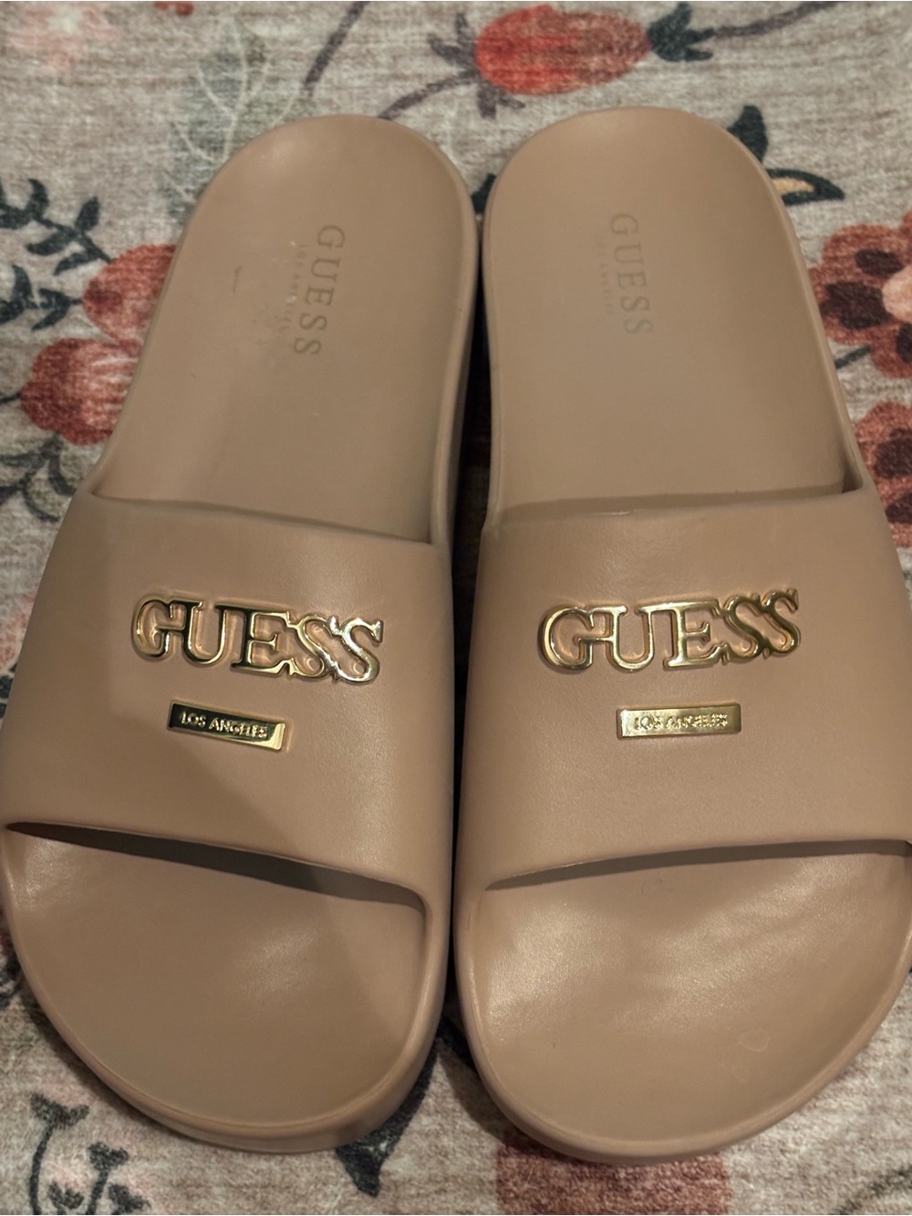 GUESS Nude Tan Slide Sandals with Gold Logo